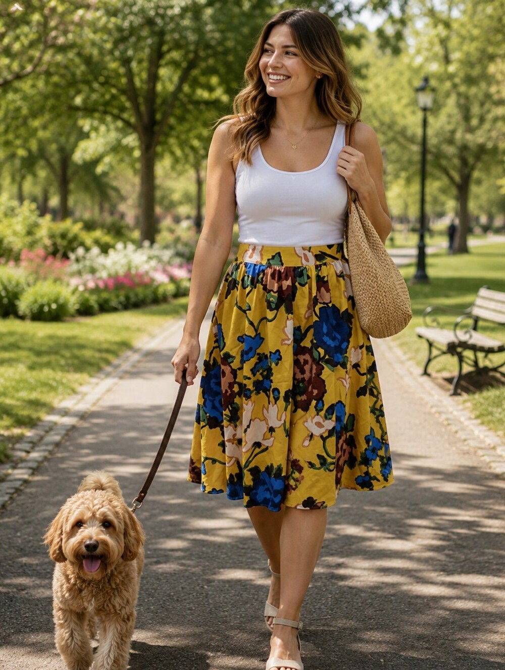 Designer Vivienne Tam Floral Skirt with Blue and Brown Accents